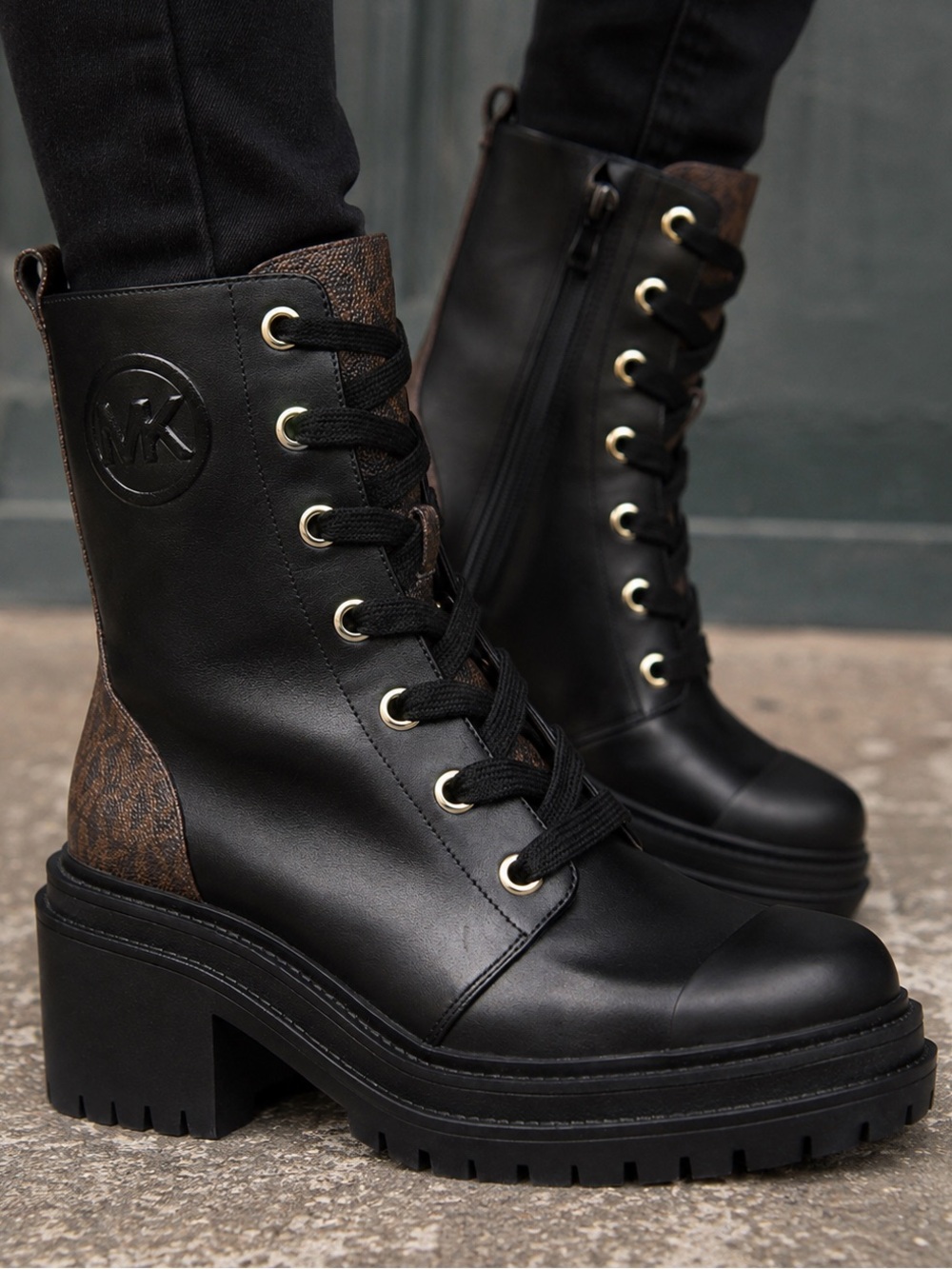 . Michael Kors Black Hanley Leather & Signature Logo Trim Combat Boots